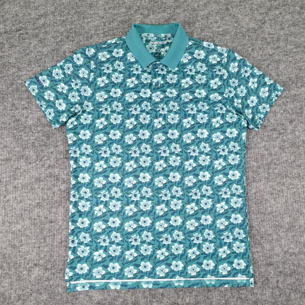 Bonobos Golf Polo Shirt Mens Medium Teal Blue Floral Slim Fit‎ Performance